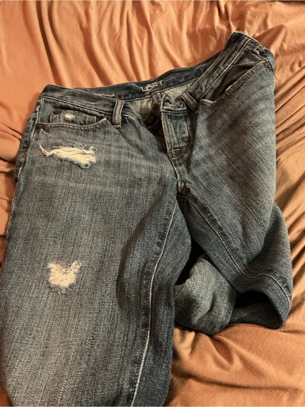 LOFT Boyfriend Jeans in Dark Blue Distressed Denim